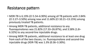 Resistance pattern
• MDR-TB is 6.19% (CI 5.54–6.90%) among all TB patients with 2.84%
(CI 2.27–3.50%) among new and 11.60% (CI 10.21–13.15%) among
previously treated TB patients.
• Among MDR-TB patients, additional resistance to any
fluoroquinolones was 21.82% (17.33–26.87%), and 3.58% (1.8–
6.32%) to any second-line injectable drugs.
• Among MDR-TB patients, additional resistance to at least one drug
from each of the two classes, i.e. fluoroquinolone and second-line
injectable drugs (XDR-TB) was 1.3% (0.36–3.30%).
 