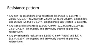 Resistance pattern
• Any first- or second line drug resistance among all TB patients is
28.0% (CI 26.77– 29.29%) with 22.54% (CI 21.10–24.10%) among new
and 36.82% (CI 34.64–39.04%) among previously treated TB patients.
• Any isoniazid resistance is 11.06% (CI 9.97–12.22%) and 25.09% (CI
23.1–-27.11%) among new and previously treated TB patients,
respectively.
• Any pyrazinamide resistance is 6.95% (CI 6.07–7.91%) and 8.77%
(7.53–10.13%) among new and previously treated TB patients,
respectively.
 