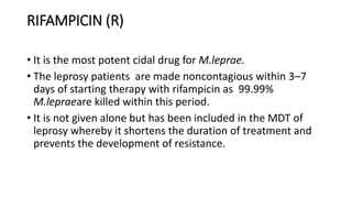 RIFAMPICIN (R)
• It is the most potent cidal drug for M.leprae.
• The leprosy patients are made noncontagious within 3–7
days of starting therapy with rifampicin as 99.99%
M.lepraeare killed within this period.
• It is not given alone but has been included in the MDT of
leprosy whereby it shortens the duration of treatment and
prevents the development of resistance.
 