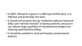 • In MDT, rifampicin is given in a 600 mg monthly dose. It is
effective and practically non-toxic.
• It should not be given during ‘erythema nodosum leprosum’
(ENL) and ‘reversal reaction’ in leprosy patients, because it
can release large quantities of mycobacterial antigens by
inducing rapid bacillary killing.
• It should be avoided in renal and hepatic compromised
patients.
 