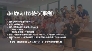 ふりかえりで使う（事例）
• 初めてのベトナムとのオフショア
• お互いが不安の中
• 初日に不安を書き出すワークショップ
• 不安 → 障害
• 解決した状態 → 中間目標
• 翌日にそれを解決するためのアクションをいっしょに考えるワークショップ
• 週１でふりかえり。状況を確認し、新しい不安・中間目標・アクションを挙
げる
• 「不安を一緒にカイゼンしよう」というメッセージはわかりやすかった
https://www.bigtreetc.vn/jp/
 