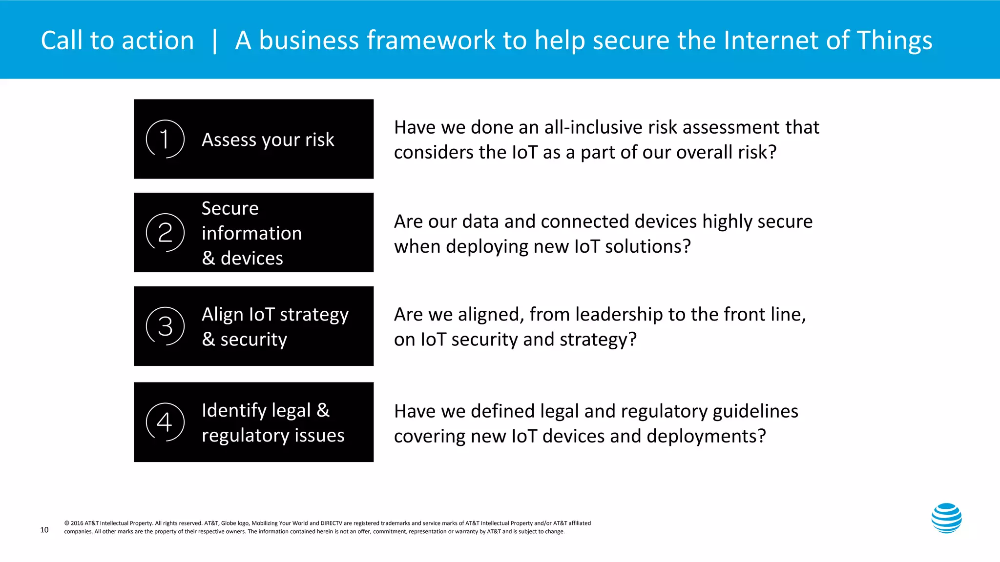 Presentation title here—edit on Slide Master
Call to action | A business framework to help secure the Internet of Things
Assess your risk
Secure
information
& devices
Align IoT strategy
& security
Identify legal &
regulatory issues
Have we done an all-inclusive risk assessment that
considers the IoT as a part of our overall risk?
Are our data and connected devices highly secure
when deploying new IoT solutions?
Are we aligned, from leadership to the front line,
on IoT security and strategy?
Have we defined legal and regulatory guidelines
covering new IoT devices and deployments?
10
© 2016 AT&T Intellectual Property. All rights reserved. AT&T, Globe logo, Mobilizing Your World and DIRECTV are registered trademarks and service marks of AT&T Intellectual Property and/or AT&T affiliated
companies. All other marks are the property of their respective owners. The information contained herein is not an offer, commitment, representation or warranty by AT&T and is subject to change.
 