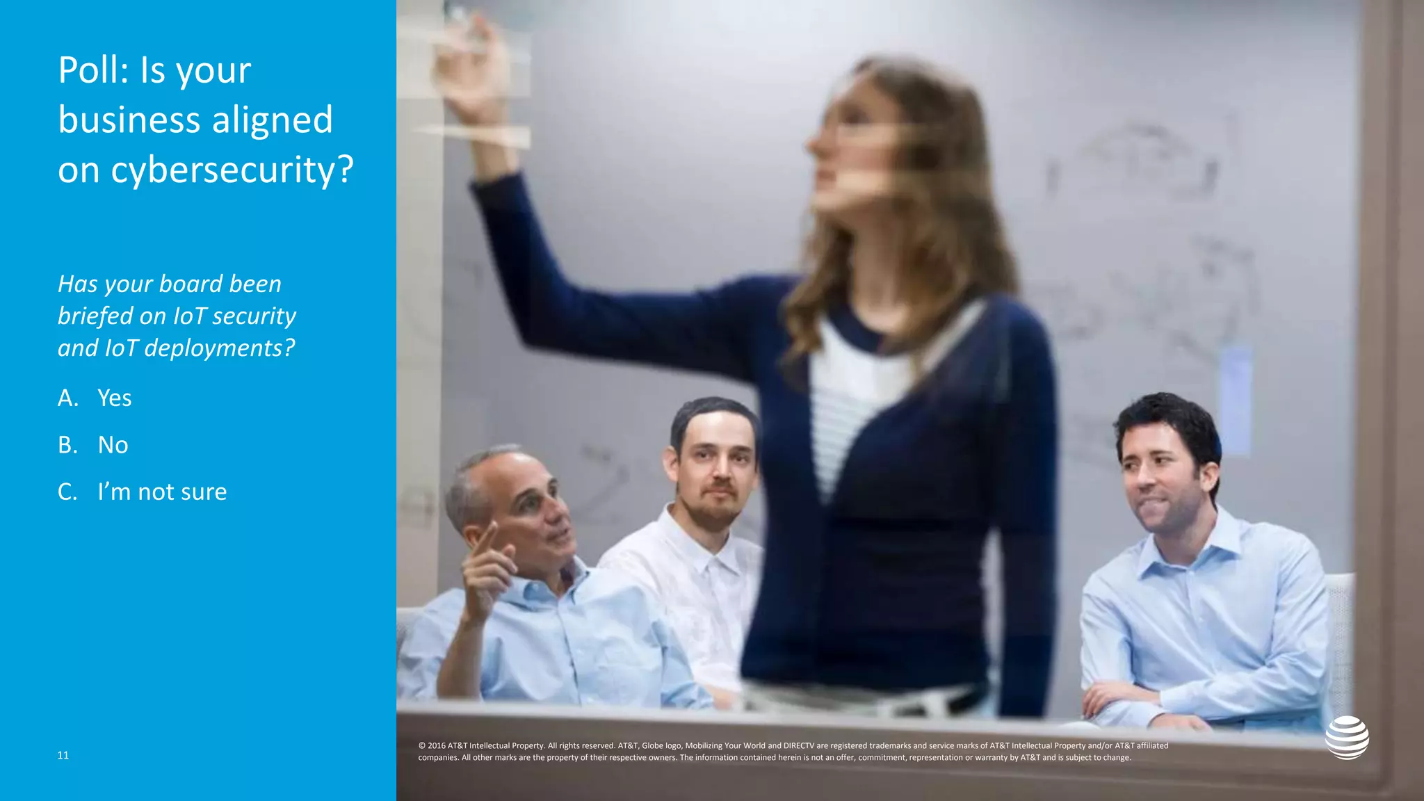 Presentation title here—edit on Slide Master
Poll: Is your
business aligned
on cybersecurity?
Has your board been
briefed on IoT security
and IoT deployments?
A. Yes
B. No
C. I’m not sure
11
© 2016 AT&T Intellectual Property. All rights reserved. AT&T, Globe logo, Mobilizing Your World and DIRECTV are registered trademarks and service marks of AT&T Intellectual Property and/or AT&T affiliated
companies. All other marks are the property of their respective owners. The information contained herein is not an offer, commitment, representation or warranty by AT&T and is subject to change.
 