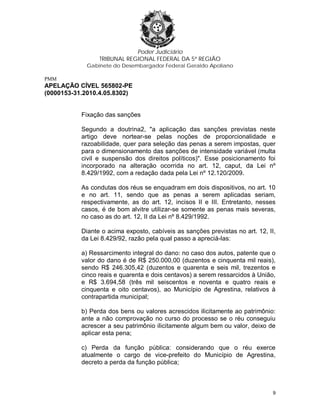 Poder Judiciário
TRIBUNAL REGIONAL FEDERAL DA 5ª REGIÃO
Gabinete do Desembargador Federal Geraldo Apoliano
PMM
APELAÇÃO CÍVEL 565802-PE
(0000153-31.2010.4.05.8302)
Fixação das sanções
Segundo a doutrina2, "a aplicação das sanções previstas neste
artigo deve nortear-se pelas noções de proporcionalidade e
razoabilidade, quer para seleção das penas a serem impostas, quer
para o dimensionamento das sanções de intensidade variável (multa
civil e suspensão dos direitos políticos)". Esse posicionamento foi
incorporado na alteração ocorrida no art. 12, caput, da Lei nº
8.429/1992, com a redação dada pela Lei nº 12.120/2009.
As condutas dos réus se enquadram em dois dispositivos, no art. 10
e no art. 11, sendo que as penas a serem aplicadas seriam,
respectivamente, as do art. 12, incisos II e III. Entretanto, nesses
casos, é de bom alvitre utilizar-se somente as penas mais severas,
no caso as do art. 12, II da Lei nº 8.429/1992.
Diante o acima exposto, cabíveis as sanções previstas no art. 12, II,
da Lei 8.429/92, razão pela qual passo a apreciá-las:
a) Ressarcimento integral do dano: no caso dos autos, patente que o
valor do dano é de R$ 250.000,00 (duzentos e cinquenta mil reais),
sendo R$ 246.305,42 (duzentos e quarenta e seis mil, trezentos e
cinco reais e quarenta e dois centavos) a serem ressarcidos à União,
e R$ 3.694,58 (três mil seiscentos e noventa e quatro reais e
cinquenta e oito centavos), ao Município de Agrestina, relativos à
contrapartida municipal;
b) Perda dos bens ou valores acrescidos ilicitamente ao patrimônio:
ante a não comprovação no curso do processo se o réu conseguiu
acrescer a seu patrimônio ilicitamente algum bem ou valor, deixo de
aplicar esta pena;
c) Perda da função pública: considerando que o réu exerce
atualmente o cargo de vice-prefeito do Município de Agrestina,
decreto a perda da função pública;
9
 