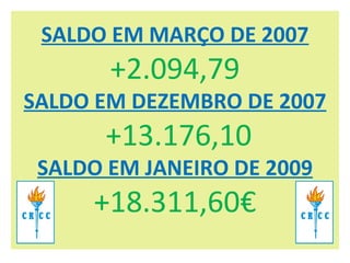 SALDO EM MARÇO DE 2007 +2.094,79 SALDO EM DEZEMBRO DE 2007  +13.176,10 SALDO EM JANEIRO DE 2009 +18.311,60€ 