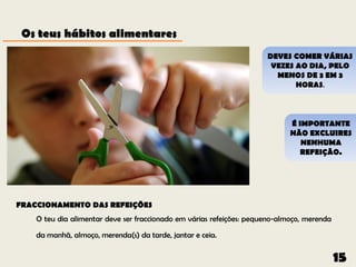 Os teus hábitos alimentares
                                                                      DEVES COMER VÁRIAS
                                                                       VEZES AO DIA, PELO
                                                                        MENOS DE 3 EM 3
                                                                             HORAS.



                                                                             É IMPORTANTE
                                                                             NÃO EXCLUIRES
                                                                                NENHUMA
                                                                                REFEIÇÃO.




FRACCIONAMENTO DAS REFEIÇÕES
    O teu dia alimentar deve ser fraccionado em várias refeições: pequeno-almoço, merenda

    da manhã, almoço, merenda(s) da tarde, jantar e ceia.


                                                                                            15
 