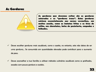 As Gorduras

                                 As gorduras que devemos evitar são as gorduras
                                 saturadas e as “gorduras trans”. Estas gorduras
                                 existem essencialmente nas carnes vermelhas, em
                                 muitos snacks, como as batatas fritas e as tiras de
                                 milho, nos chocolates, bolos de pastelaria, empadas e
                                 folhados.




 Deves escolher gorduras mais saudáveis, como o azeite, no entanto, este não deixa de ser
   uma gordura… Se consumido em quantidades elevadas pode contribuir para o aumento
   de peso.


 Deves aconselhar a tua família a utilizar métodos culinários saudáveis como os grelhados,
   assados com pouca gordura e cozidos.

                                                                                        22
 