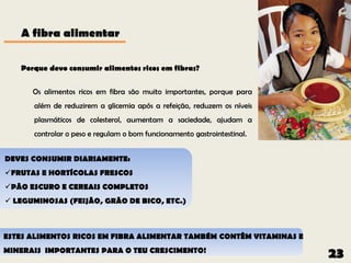 A fibra alimentar

   Porque devo consumir alimentos ricos em fibras?


      Os alimentos ricos em fibra são muito importantes, porque para
      além de reduzirem a glicemia após a refeição, reduzem os níveis
      plasmáticos de colesterol, aumentam a saciedade, ajudam a
      controlar o peso e regulam o bom funcionamento gastrointestinal.


DEVES CONSUMIR DIARIAMENTE:
FRUTAS E HORTÍCOLAS FRESCOS
PÃO ESCURO E CEREAIS COMPLETOS
 LEGUMINOSAS (FEIJÃO, GRÃO DE BICO, ETC.)



ESTES ALIMENTOS RICOS EM FIBRA ALIMENTAR TAMBÉM CONTÊM VITAMINAS E
MINERAIS IMPORTANTES PARA O TEU CRESCIMENTO!
                                                                         23
 