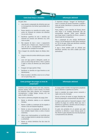 Como lavar louça e utensílios                                      Informação adicional

      Em geral, deve:                                               É importante distinguir “lavagem” de “desinfecção”.
                                                                    Lavar é o processo de remover fisicamente a sujidade e
      ∑    Lavar durante a preparação dos alimentos para que
                                                                    restos de comida. Desinfectar é o processo de matar os
           os microrganismos não tenham oportunidade de se
                                                                    microrganismos.
           multiplicar;
                                                                    Panos, toalhas e outros utensílios de limpeza devem
      ∑    Prestar atenção se os utensílios de cozinha, copos,
                                                                    estar limpos e ser mudados diariamente. Não são
           pratos, etc. estiveram em contacto com alimentos
                                                                    recomendadas esponjas. utilize panos diferentes
           crus ou com a boca;
                                                                    para limpar pratos e superfícies de forma a prevenir a
      ∑    Desinfectar superfícies de corte e utensílios que        disseminação dos microrganismos
           estiveram em contacto com alimentos crus, como
                                                                    Para a preparação de uma solução desinfectante:
           carne ou peixe;
                                                                    misture 5 ml de hipoclorito de sódio (lixívia doméstica)
      ∑    Não esquecer de lavar e secar o equipamento              em 750 ml de água. utilize para desinfectar utensílios,
           utilizado para a limpeza (p.ex. máquina de lavar),       superfícies e panos de limpeza.
           uma vez que os microrganismos multiplicam-se
                                                                    A água a ferver também pode ser utilizada para
           rapidamente em condições de humidade.
                                                                    desinfectar utensílios mas tenha cuidado para evitar
      Para a lavagem dos utensílios depois da refeição, deve-       queimaduras!
      -se:
      ∑    Limpar os restos de comida e deitá-los para o caixote
           do lixo;
      ∑    Lavar com água quente e detergente, usando um
           pano ou escova limpa de forma a retirar a gordura
           e todos os restos de alimentos que ainda possam
           existir;
      ∑    Enxaguar com água quente e limpa;
      ∑    Desinfectar os utensílios em água fervente ou com
           desinfectantes;
      ∑    Deixar os pratos e utensílios a secar ao ar ou limpar
           com um pano limpo, seco.


          Como proteger das pragas as áreas de                                    Informação adicional
                     preparação?

      Entende-se como pragas, animais como ratos, ratazanas,        As pragas podem transferir microrganismos prejudiciais
      pássaros, baratas, moscas e outros insectos. Os animais       para os alimentos e superfícies da cozinha.
      de companhia (cães, gatos, pássaros, etc.) transportam
                                                                    Ajuste os exemplos das pragas comuns consoante a
      microrganismos e pragas (pulgas, carraças, etc.) nas
                                                                    região onde se dá a formação.
      patas, no pêlo e nas penas.
                                                                    Discuta as formas de manter as pragas afastadas das
      Para manter os alimentos protegidos das pragas, deve:
                                                                    áreas de preparação e armazenamento dos alimentos.
      ∑    Manter os alimentos cobertos ou em recipientes
                                                                    Em alguns países pode ser impossível assegurar a total
           fechados;
                                                                    ausência de pragas nas cozinhas. Neste caso, lave e
      ∑    Manter os baldes ou contentores de lixo tapados e        desinfecte as superfícies e utensílios antes de começar a
           remover o lixo com bastante frequência;                  preparar e cozinhar os alimentos.
      ∑    Manter as zonas de preparação de alimentos em            Os gatos são portadores de um parasita que pode
           boas condições (reparar todas as rachas e buracos        contaminar os alimentos e causar doenças graves no
           existentes);                                             feto. Manter os gatos afastados das zonas de preparação
                                                                    e armazenamento dos alimentos.
      ∑    utilizar iscos, insectocaçadores, ou insecticidas para
           matar as pragas (tendo em atenção não contaminar
           os alimentos);
      ∑    Manter os animais domésticos fora das zonas de
           preparação.




1   mantenha a limpeza
 