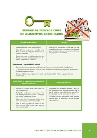 separe alimentos crus
                 de alimentos cozinhados


                 Informação fundamental                                                       Porquê?


     ∑   Separe carne e peixe crus de outros alimentos.                Alimentos crus, especialmente a carne, peixe e os seus
                                                                       exsudados, podem conter microrganismos perigosos que
     ∑   utilize diferentes equipamentos e utensílios, como
                                                                       podem ser transferidos para outros alimentos, durante a
         facas ou tábuas de corte, para alimentos crus e
                                                                       sua preparação ou armazenagem.
         alimentos cozinhados.
     ∑   Guarde os alimentos em embalagens ou recipientes
         fechados, para que não haja contacto entre ali-
         mentos crus e alimentos cozinhados.


     Considerações e sugestões para o formador
     ∑   Manter os alimentos crus separados dos alimentos cozinhados previne a transferência de microrganismos.
     ∑   “Contaminação cruzada” é o termo que se utiliza para descrever a transferência de microrganismos de um alimento
         cru para um alimento cozinhado.
     ∑   Discutir os hábitos de preparação dos alimentos da região/local e identificar os factores que podem levar a
         contaminações.


     Como manter os alimentos crus separados dos
                                                                                      Informação adicional
               alimentos cozinhados


     ∑   Enquanto faz as compras separe a carne e peixe crus           Dar ênfase ao facto de ser muito importante a separação
         dos outros alimentos.                                         dos alimentos crus dos alimentos cozinhados, não só
                                                                       quando se cozinha, mas também durante todas as fases
     ∑   No frigorífico guardar carne e peixe crus por baixo
                                                                       de preparação, incluindo as operações de abate.
         dos alimentos cozinhados ou prontos a comer, para
         que não haja contaminação cruzada.                            Os líquidos utilizados para marinar carne enquanto
                                                                       crua, não devem ser adicionados à carne já cozinhada
     ∑   utilizar recipientes com tampas para evitar o contacto
                                                                       e pronta a comer.
         entre alimentos crus e alimentos cozinhados.
     ∑   Lavar os pratos utilizados na preparação dos
         alimentos crus. utilizar pratos limpos para os
         alimentos cozinhados.




1                                           c i n c o c h av e s pa r a u m a a l i m e n ta ç ã o m a i s s e g u r a          1
 