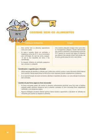 cozinhe bem os alimentos
     70 °C


                    Informação fundamental                                                       Porquê?


        ∑    Deve cozinhar bem os alimentos, especialmente                uma cozedura adequada consegue matar quase todos
             carne, ovos e peixe.                                         os microrganismos perigosos. Estudos demonstraram
                                                                          que cozinhar os alimentos a uma temperatura acima dos
        ∑    As sopas e guisados devem ser cozinhados a
                                                                          70 ºC garante um consumo mais seguro. Os alimentos
             temperaturas acima dos 70 ºC. use um termómetro
                                                                          que requerem mais atenção incluem carne picada, rolo
             para confirmação. No caso das carnes, assegure-
                                                                          de carne, grandes peças de carne e aves inteiras.
             -se que os seus exsudados são claros e não
             avermelhados.
        ∑    Se reaquecer alimentos já cozinhados assegure-se
             que o processo é o adequado.


        Considerações e sugestões para o formador
        ∑    utilizar exemplos de alimentos ou refeições que o público-alvo costuma cozinhar e comer, discutindo a forma habitual
             de os cozinhar e dando sempre ênfase ao facto de ser muito importante cozinhar completamente os alimentos.
        ∑    Se no local da formação não existir termómetro, dê ênfase à importância de utilizar a cor como indicador de alimentos
             bem cozinhados.


        Cozinhar de uma forma segura no forno microondas
        ∑    Os fornos microondas podem não cozinhar os alimentos uniformemente permitindo zonas frias onde as bactérias
             perigosas podem sobreviver. Assegure-se que os alimentos cozinhados no forno microondas foram integralmente
             submetidos a uma temperatura segura.
        ∑    Algumas embalagens de plástico libertam químicos tóxicos durante o aquecimento e não devem ser utilizadas nos
             microondas para cozinhar ou reaquecer os alimentos.




1    cozinhe bem os alimentos
 
