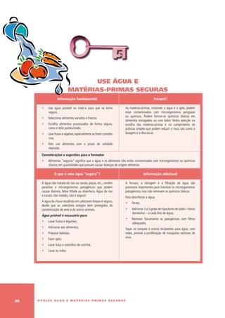 use água e
                              matérias-primas seguras
                    Informação fundamental                                                        Porquê?

        ∑    use água potável ou trate-a para que se torne                As matérias-primas, incluindo a água e o gelo, podem
             segura.                                                      estar contaminados com microrganismos perigosos
                                                                          ou químicos. Podem formar-se químicos tóxicos em
        ∑    Seleccione alimentos variados e frescos.
                                                                          alimentos estragados ou com bolor. Tenha atenção na
        ∑    Escolha alimentos processados de forma segura,               escolha das matérias-primas e no cumprimento de
             como o leite pasteurizado.                                   práticas simples que podem reduzir o risco, tais como a
        ∑    Lave frutas e vegetais, especialmente se forem comidos       lavagem e o descascar.
             crus.
        ∑    Não use alimentos com o prazo de validade
             expirado.

        Considerações e sugestões para o formador
        ∑    Alimentos “seguros” significa que a água e os alimentos não estão contaminados com microrganismos ou químicos
             tóxicos, em quantidades que possam causar doenças de origem alimentar.

                  O que é uma água “segura”?                                             Informação adicional

        A água não tratada de rios ou canais, poços, etc., contém         A fervura, a cloragem e a filtração da água são
        parasitas e microrganismos patogénicos que podem                  processos importantes para inactivar os microrganismos
        causar diarreia, febre tifóide ou disenteria. Água de rios        patogénicos, mas não removem os químicos tóxicos.
        e canais, não tratada, não é segura!
                                                                          Para desinfectar a água:
        A água da chuva recolhida em colectores limpos é segura,
                                                                          ∑    Ferver;
        desde que os colectores estejam bem protegidos da
        contaminação de aves e de outros animais.                         ∑    Adicionar 3 a 5 gotas de hipoclorito de sódio – lixívia
                                                                               doméstica – a cada litro de água;
        Água potável é necessária para:
                                                                          ∑    Remover fisicamente os patogénicos com filtros
        ∑    Lavar frutos e legumes;
                                                                               adequados.
        ∑    Adicionar aos alimentos;
                                                                          Tapar os tanques e outros recipientes para água, com
        ∑    Preparar bebidas;                                            redes, previne a proliferação de mosquitos vectores de
                                                                          vírus.
        ∑    Fazer gelo;
        ∑    Lavar loiça e utensílios de cozinha;
        ∑    Lavar as mãos.




20   u t i l i z e á g u a e m at é r i a s - p r i m a s s e g u r a s
 