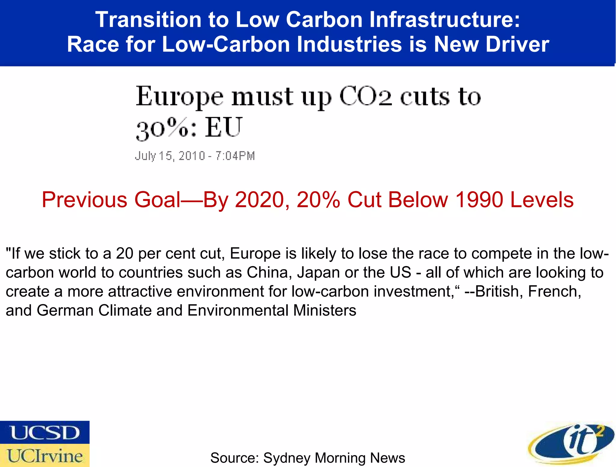 Transition to Low Carbon Infrastructure: Race for Low-Carbon Industries is New Driver &quot;If we stick to a 20 per cent cut, Europe is likely to lose the race to compete in the low-carbon world to countries such as China, Japan or the US - all of which are looking to create a more attractive environment for low-carbon investment,“ --British, French, and German Climate and Environmental Ministers Previous Goal—By 2020, 20% Cut Below 1990 Levels Source: Sydney Morning News 