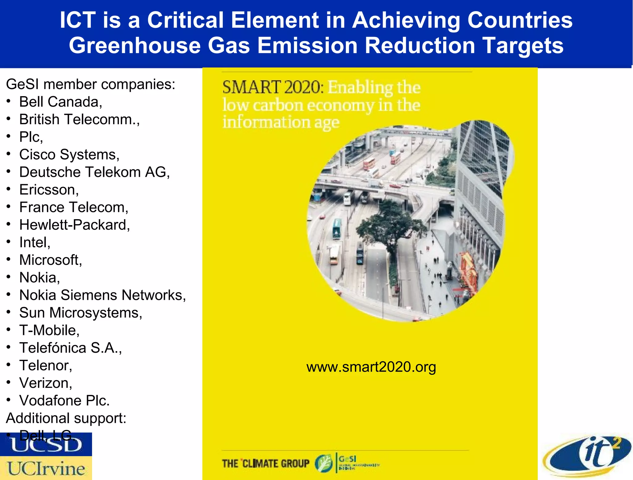 ICT is a Critical Element in Achieving Countries Greenhouse Gas Emission Reduction Targets www.smart2020.org GeSI member companies:  Bell Canada,  British Telecomm.,  Plc,  Cisco Systems,  Deutsche Telekom AG,  Ericsson,  France Telecom,  Hewlett-Packard,  Intel,  Microsoft,  Nokia,  Nokia Siemens Networks,  Sun Microsystems,  T-Mobile,  Telefónica S.A.,  Telenor,  Verizon,  Vodafone Plc.  Additional support:  Dell, LG. 