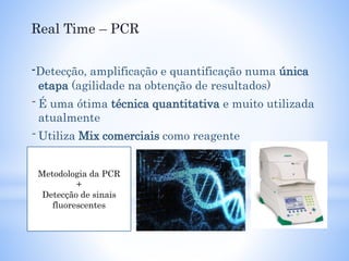 Real Time – PCR
-Detecção, amplificação e quantificação numa única
etapa (agilidade na obtenção de resultados)
-É uma ótima técnica quantitativa e muito utilizada
atualmente
-Utiliza Mix comerciais como reagente
Metodologia da PCR
+
Detecção de sinais
fluorescentes
 