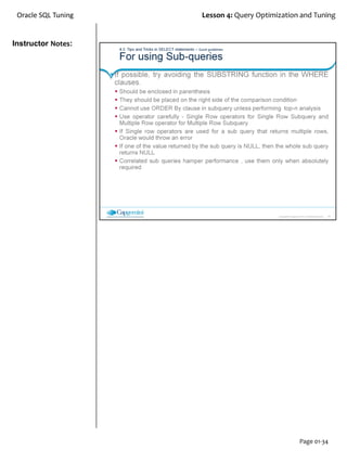 Instructor Notes:
Oracle SQL Tuning Lesson 4: Query Optimization and Tuning
Page 01-34
 