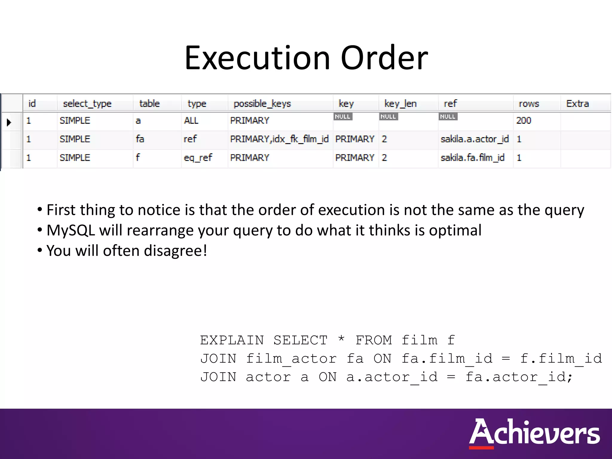 Execution Order
• First thing to notice is that the order of execution is not the same as the query
• MySQL will rearrange your query to do what it thinks is optimal
• You will often disagree!
EXPLAIN SELECT * FROM film f
JOIN film_actor fa ON fa.film_id = f.film_id
JOIN actor a ON a.actor_id = fa.actor_id;
 