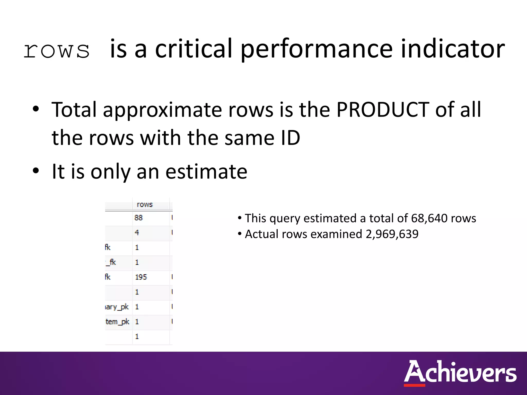 rows is a critical performance indicator
• Total approximate rows is the PRODUCT of all
the rows with the same ID
• It is only an estimate
• This query estimated a total of 68,640 rows
• Actual rows examined 2,969,639
 