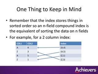 One Thing to Keep in Mind
• Remember that the index stores things in
sorted order so an n-field compound index is
the equivalent of sorting the data on n fields
• For example, for a 2 column index:
COL1 COL2
A 4
Z 3
A 5
Z 1
Index
(A,4)
(A,5)
(Z,1)
(Z,3)
 