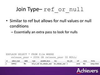Join Type– ref_or_null
• Similar to ref but allows for null values or null
conditions
– Essentially an extra pass to look for nulls
EXPLAIN SELECT * FROM film WHERE
release_year = 2006 OR release_year IS NULL;
 