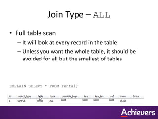 Join Type – ALL
• Full table scan
– It will look at every record in the table
– Unless you want the whole table, it should be
avoided for all but the smallest of tables
EXPLAIN SELECT * FROM rental;
 