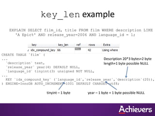 key_len example
EXPLAIN SELECT film_id, title FROM film WHERE description LIKE
'A Epic%' AND release_year=2006 AND language_id = 1;
CREATE TABLE `film` (
...
`description` text,
`release_year` year(4) DEFAULT NULL,
`language_id` tinyint(3) unsigned NOT NULL,
...
KEY `idx_compound_key` (`language_id`,`release_year`,`description`(20)),
) ENGINE=InnoDB AUTO_INCREMENT=1001 DEFAULT CHARSET=utf8;
tinyint – 1 byte year – 1 byte + 1 byte possible NULL
Description 20*3 bytes+2 byte
length+1 byte possible NULL
 