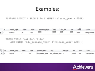 Examples:
EXPLAIN SELECT * FROM film f WHERE release_year = 2006;
ALTER TABLE `sakila`.`film`
ADD INDEX `idx_release_year` (`release_year` ASC) ;
 
