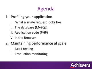 Agenda
1. Profiling your application
  I.      What a single request looks like
  II.    The database (MySQL)
  III.   Application code (PHP)
  IV.    In the Browser
2. Maintaining performance at scale
  I. Load testing
  II. Production monitoring
 