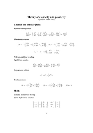 Theory of elasticity and plasticity
Equations sheet, Part 3
Circular and annular plates
Equilibrium equation
∂2
∂r2
+
1
r2
∂2
∂θ2
+
1
r
∂
∂r
∂2
w
∂r2
+
1
r2
∂2
w
∂θ2
+
1
r
∂w
∂r
=
q(r, θ)
D
Moment resultants
Mr = −D
∂2
w
∂r2
+ ν
1
r2
∂2
w
∂θ2
+
1
r
∂w
∂r
, Mθ = −D
1
r
∂w
∂r
+
1
r2
∂2
w
∂θ2
+ ν
∂2
w
∂r2
,
Mrθ = −(1 − ν)D
1
r
∂2
w
∂r∂θ
−
1
r2
∂w
∂θ
Axi-symmetrical bending
Equilibrium equation
d4
w
dr4
+
2
r
d3
w
dr3
−
1
r2
d2
w
dr2
+
1
r3
dw
dr
=
q(r)
D
Homogeneous solution
wh
= C1 +
1
2
r2
C2
Bending moments
Mr = −D
d2
w
dr2
+
ν
r
dw
dr
, Mθ = −D ν
d2
w
dr2
+
1
r
dw
dr
, Mrθ = 0
Shells
General membrane theory
Strain-displacement equations


εαα
εββ
γαβ

 =


∂
∂α 0 −κα
0 ∂
∂β −κβ
∂
∂β
∂
∂α 0




uα
uβ
uz


1
 