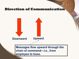Direction of Communication

Downward

Upward

Messages flow upward through the
chain of command—i.e., from
employee to boss.

 
