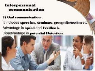 Interpersonal
communication
1) Oral communication:
It includes speeches, seminars, group discussion etc.
Advantage is speed and Feedback.
Disadvantage is potential Distortion

 