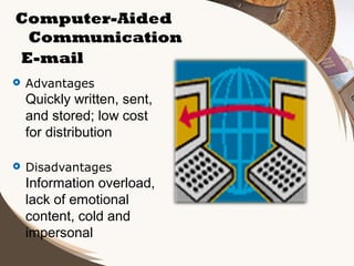Computer-Aided
Communication
E-mail


Advantages

Quickly written, sent,
and stored; low cost
for distribution


Disadvantages

Information overload,
lack of emotional
content, cold and
impersonal

 