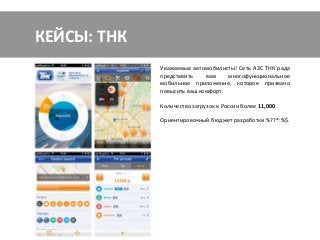 КЕЙСЫ: ГАЗПРОМНЕФТЬ
            Вы     ищете,    где   можно     заправиться
            качественным топливом, быстро перекусить
            или помыть машину поздно вечером?
            Загрузите бесплатное приложение сети АЗС
            ГАЗПРОМНЕФТЬ,                        которое
            самостоятельно определит, где вы находитесь,
            и предложит список АЗС в ближайшей
            доступности, с подробным описанием услуг для
            каждой станции.


            Количество загрузок в России более 22,000.

            Ориентировочный бюджет разработки %??*:%$.
 