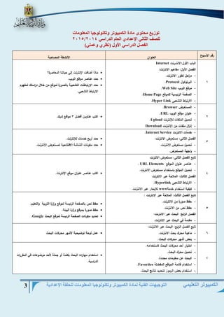 التوجيهات الفنية لمادة الكمبيوتر وتكنولوجيا المعلومات للحلقة الإعدادية 3 
الكمبيوتر التعليمي 
توزيع محتوى مادة الكمبيوتر وتكنولوجيا المعلومات 
2015/ للصف الثاني الإعدادي العام الدراسي 2014 
الفصل الدراسي الأول )نظري وعملي( 
رقم الأسبوع العنوان الأنشطة المصاحبة 
1 
الباب الأول:الانتـــرنت Internet الفصل الأول: مفاهيم الانترنت: 
- م ا رحل تطور الانترنت. 
- البرتوكول Protocol . 
- موقع الويب Web Site . 
- الصفحة الرئيسية للموقع Home Page . 
- الارتباط التشعبى Hyper Link . 
 ماذا أضافت الإنترنت إلى حياتنا المعاصرة؟ 
 حدد عناصر موقع الويب. 
 حدد الارتباطات التشعبية بالصورة لموقع من خلال د ا رستك لمفهوم 
الارتباط التشعبي. 
2 
- المستعرض Browser . 
- عنوان موقع الويب URL . 
- تحميل الملفات للإنترنت Upload . 
- إن ا زل ملفات من الإنترنت Download 
 اكتب عناوين أفضل 3 مواقع لديك. 
3 
- خدمات الانترنت Internet Service . 
الفصل الثاني: مستعرض الانترنت: 
- تحميل مستعرض الإنترنت. 
- واجهة المستعرض. 
 حدد أربع خدمات للإنترنت. 
 حدد مكونات الشاشة الافتتاحية لمستعرض الإنترنت. 
4 
تابع الفصل الثاني: مستعرض الانترنت 
- عناصر عنوان الموقع URL Elements . 
- تحميل الموقع باستخدام مستعرض الانترنت. 
الفصل الثالث: الملاحة عبر الانترنت 
- الارتباط التشعبى Hyperlink . 
- كيفية استخدام خدمة www للإبحار عبر الانترنت. 
 اكتب عناصر عنوان موقع الإنترنت. 
5 
تابع الفصل الثالث: الملاحة عبر الانترنت : 
- حفظ صورة من الانترنت. 
- حفظ نص من الانترنت. 
الفصل ال ا ربع: البحث عبر الانترنت: 
- مقدمة في البحث عبر الانترنت. 
 حفظ نص بالصفحة الرئيسة لموقع و ا زرة التربية والتعليم. 
 حفظ صورة بموقع و ا زرة البيئة. 
 تحديد مكونات الصفحة الرئيسة لموقع البحث Google . 
6 
تابع الفصل ال ا ربع: البحث عبر الانترنت: 
- ماهية محرك بحث الانترنت. 
- بعض أشهر محركات البحث. 
 عمل لوحة توضيحية لأشهر محركات البحث 
7 
- اختيار أحد محركات البحث لاستخدامه. 
- تحميل محرك البحث. 
- البحث عن معلومات محددة. 
- استخدام قائمة المواقع المفضلة Favorites . 
- استخدام بعض الرموز لتحديد نتائج البحث. 
 استخدام مها ا رت البحث بكلمة أو جملة لأحد موضوعات في المقر ا رت 
الد ا رسية. 
 