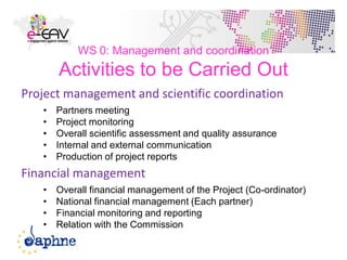 WS 0: Management and coordination
Activities to be Carried Out
• Partners meeting
• Project monitoring
• Overall scientific assessment and quality assurance
• Internal and external communication
• Production of project reports
12
Project management and scientific coordination
• Overall financial management of the Project (Co-ordinator)
• National financial management (Each partner)
• Financial monitoring and reporting
• Relation with the Commission
Financial management
 