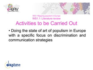 19
WS1: Mapping populism in Europe
WS1.1: Literature review
Activities to be Carried Out
• Doing the state of art of populism in Europe
with a specific focus on discrimination and
communication strategies
 