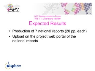 WS1: Mapping populism in Europe
WS1.1: Literature review
Expected Results
• Production of 7 national reports (20 pp. each)
• Upload on the project web portal of the
national reports
21
 
