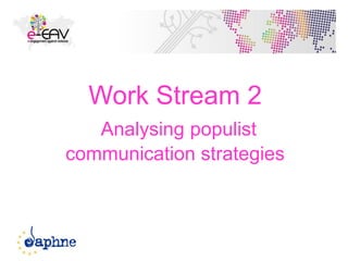 Work Stream 2
Analysing populist
communication strategies
28
 