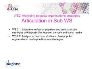 WS2: Analysing populist organisations strategies
Articulation in Sub WS
• WS 2.1: Literature review on populism and communication
strategies with a particular focus on the web and social media
• WS 2.2: Analysis of two case studies on how populist
organisations’ media practices and strategies
29
 