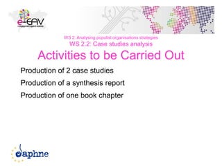 36
WS 2: Analysing populist organisations strategies
WS 2.2: Case studies analysis
Activities to be Carried Out
Production of 2 case studies
Production of a synthesis report
Production of one book chapter
 