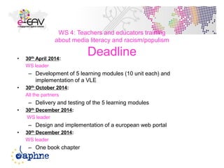 WS 4: Teachers and educators training
about media literacy and racism/populism
Deadline• 30th April 2014:
WS leader
– Development of 5 learning modules (10 unit each) and
implementation of a VLE
• 30th October 2014:
All the partners
– Delivery and testing of the 5 learning modules
• 30th December 2014:
WS leader
– Design and implementation of a european web portal
• 30th December 2014:
WS leader
– One book chapter
49
 