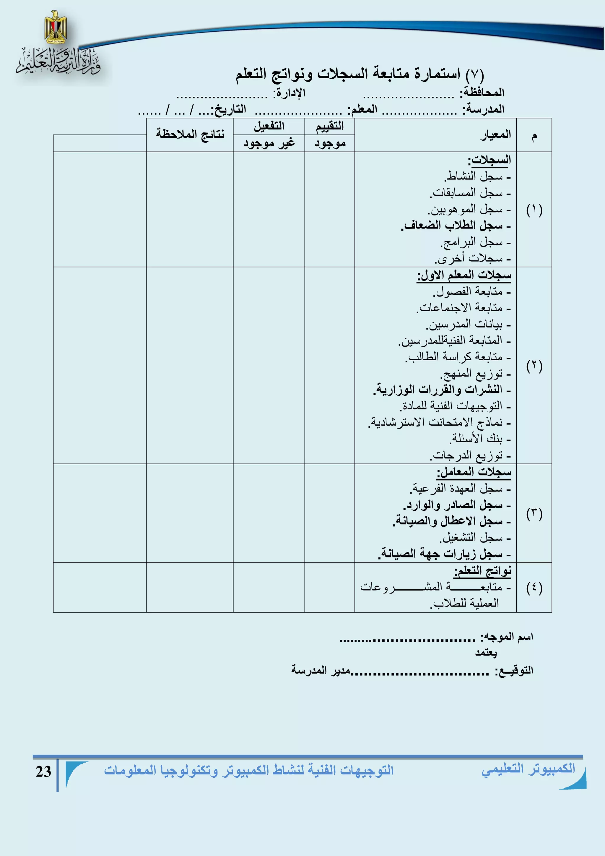 التوجيهات الفنية لنشاط الكمبيوتر وتكنولوجيا المعلومات 23 
الكمبيوتر التعليمي 
7( استمارة متابعة السجلات ونواتج التعلم ( 
المحافظة: ....................... الإدارة: ....................... 
المدرسة: ................... المعلم: ...................... التاريخ:... / ... / ...... 
م المعيار 
التقييم التفعيل 
نتائج الملاحظة 
موجود غير موجود 
)1( 
السجلات: 
سجل النشاط. - 
سجل المسابقات. - 
سجل الموهوبين. - 
سجل الطلاب الضعاف. - 
سجل الباامج. - 
سجلات أخاى. - 
)2( 
سجلات المعلم الاول: 
متابنة ال رول. - 
متابنة الاجنماىات. - 
بيانات المداسين. - 
المتابنة ال نيةللمداسين. - 
متابنة كااسة الطالب. - 
توزيع المنهج. - 
النشرات والقررات الوزارية. - 
التوجيهات ال نية للمادة. - 
نماذد الامتحانت الاستاشادية. - 
بنك الأسالة. - 
توزيع الداجات. - 
)3( 
سجلات المعامل: 
سجل النهدة ال اىية. - 
سجل الصادر والوارد. - 
سجل الاعطال والصيانة. - 
سجل التشغيل. - 
سجل زيارات جهة الصيانة. - 
)4( 
نواتج التعلم: 
متابنيييييييييييييييية المشيييييييييييييييياوىات - 
النملية للطلاب. 
اسم الموجه: ................................ 
يعتمد 
التوقيــع: ...............................مدير المدرسة 
 
