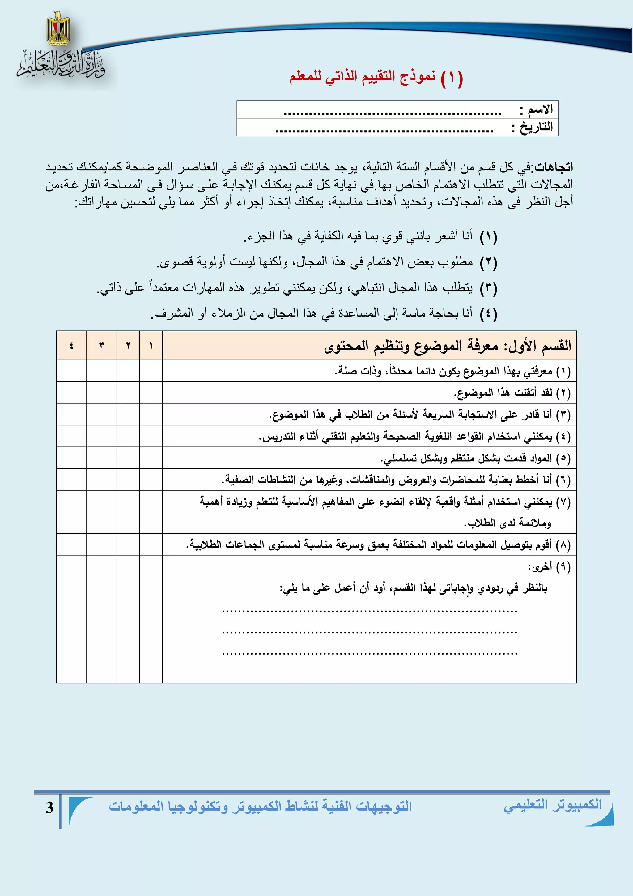 التوجيهات الفنية لنشاط الكمبيوتر وتكنولوجيا المعلومات 3 
الكمبيوتر التعليمي 
1( نموذج التقييم الذاتي للمعلم ( 
اتجاهات:في كل قسم من الأقسام الستة التالية، يوجد خانات لتحديد قوتك فيي النناريا الموةيحة كمايمكنيك تحدييد 
المجالات التي تتطلب الاهتمام الخاص بها.في نهاية كل قسم يمكنيك اججابية ىليؤ سيفال فيؤ المسياحة ال اا ية،من 
أجل النظا فؤ هذه المجالات، وتحديد أهداف مناسبة، يمكنك إتخاذ إجااء أو أكثا مما يلي لتحسين مهاااتك: 
)1( أنا أشنا بأنني قوي بما فيه الك اية في هذا الجزء. 
)2( مطلوب بنض الاهتمام في هذا المجال، ولكنها ليست أولوية قروى. 
)3( يتطلب هذا المجال انتباهي، ولكن يمكنني تطويا هذه المهااات منتمداً ىلؤ ذاتي. 
)4( أنا بحاجة ماسة إلؤ المساىدة في هذا المجال من الزملاء أو المشاف. 
القسم الأول: معرفة الموضوع وتنظيم المحتوى 1 2 3 4 
1( معرفتي بهذا الموضوع يكون دائما محدثاً، وذات صلة. ( 
2( لقد أتقنت هذا الموضوع. ( 
3( أنا قادر على الاستجابة السريعة لأسئلة من الطلاب في هذا الموضوع. ( 
4( يمكنني استخدام القواعد اللغوية الصحيحة والتعليم التقني أثناء التدريس. ( 
5( المواد قدمت بشكل منتظم وبشكل تسلسلي. ( 
6( أنا أخطط بعناية للمحاضرات والعروض والمناقشات، وغيرها من النشاطات الصفية. ( 
7( يمكنني استخدام أمثلة واقعية لإلقاء الضوء على المفاهيم الأساسية للتعلم وزيادة أهمية ( 
وملائمة لدى الطلاب. 
8( أقوم بتوصيل المعلومات للمواد المختلفة بعمق وسرعة مناسبة لمستوى الجماعات الطلابية. ( 
9( أخرى: ( 
بالنظر في ردودي واجاباتى لهذا القسم، أود أن أعمل على ما يلي: 
......................................................................... 
......................................................................... 
......................................................................... 
الاسم : .................................................... 
التاريخ : .................................................... 
 