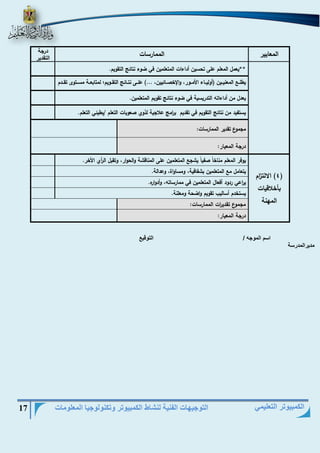 التوجيهات الفنية لنشاط الكمبيوتر وتكنولوجيا المعلومات 17 
الكمبيوتر التعليمي 
المعايير 
الممارسات 
درجة 
التقدير 
**يعمل المعلم على تحسين أداءات المتعلمين في ضوء نتائج التقويم. 
يطليي المعنيييين )أولييياء الأمييور، والإخصييائيين، ...( علييى نتييائج التقييويم؛ لمتابعيية مسييتوى تقييدم 
ايلعمدتلعل ممينن .أداءات التدريسية في ضوء نتائج تقويم المتعلمين. 
يستفيد من نتائج التقويم في تقديم ب ا رمج علاجية لذوي صعوبات التعلم / بطيئي التعلم. 
مجموع تقدير الممارسات: 
درجة المعيار: 
4( الالت ا زم ( 
بأخلاقيات 
المهنة 
يوفر المعلم مناخاً صفياً يشج المتعلمين على المناقشة والحوار، وتقبل ال أ ري الأخر. 
يتعامل م المتعلمين بشفافية، ومساواة، وعدالة. 
ي ا رعي ردود أفعال المتعلمين في ممارسات ، وأدواره. 
يستخدم أساليب تقويم واضحة ومعلنة. 
مجموع تقدي ا رت الممارسات: 
درجة المعيار: 
اسم الموجه / التوقيع 
مديرالمدرسة 
 