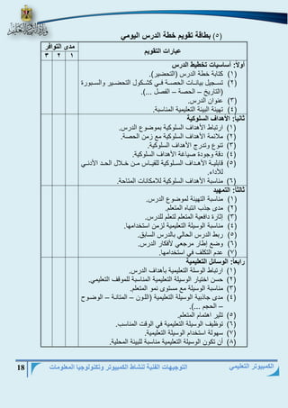 التوجيهات الفنية لنشاط الكمبيوتر وتكنولوجيا المعلومات 18 
الكمبيوتر التعليمي 
5( بطاقة تقويم خطة الدرس اليومي ( 
عبارات التقويم 
مدى التوافر 
3 2 1 
أولاً: أساسيات تخطيط الدرس 
)1( كتابة خطة الداس )التحةيا(. 
)2( تسيييجيل بيانيييات الحرييية فيييي كشيييكول التحةييييا والسيييبواة 
)التاايخ الحرة ال رل ...(. – – 
)3( ىنوان الداس. 
)4( تهياة البياة التنليمية المناسبة. 
ثانياً: الأهداف السلوكية 
)1( ااتباط الأهداف السلوكية بموةوع الداس. 
)2( ملاامة الأهداف السلوكية مع زمن الحرة. 
)3( تنوع وتداد الأهداف السلوكية. 
)4( دقة وجودة ريا ة الأهداف السلوكية. 
)5( قابلييية الأهييداف السييلوكية للقييياس ميين خييلال الحييد الأدنييي 
للأداء. 
)6( مناسبة الأهداف السلوكية للامكانات المتاحة. 
ثالثاً: التمهيد 
)1( مناسبة التهياة لموةوع الداس. 
)2( مدى جذب انتباه المتنلم. 
)3( إثااة دافنية المتنلم لتنلم للداس. 
)4( مناسبة الوسيلة التنليمية لزمن استخدامها. 
)5( ابط الداس الحالي بالداس السابق. 
)6( وةع إطاا ماجني لأفكاا الداس. 
)7( ىدم التكلف في استخدامها. 
رابعاً: الوسائل التعليمية 
)1( ااتباط الوسلة التنليمية بأهداف الداس. 
)2( حسن اختياا الوسيلة التنليمية المناسبة للموقف التنليمي. 
)3( مناسبة الوسيلة مع مستوى نمو المتنلم. 
)4( مدى جاذبية الوسيلة التنليمية )الليون المتانية الوةيو – – 
الحجم ...(. – 
)5( تثيا اهتمام المتنلم. 
)6( توظيف الوسيلة التنليمية في الوقت المناسب. 
)7( سهولة استخدام الوسيلة التنليمية. 
)8( أن تكون الوسيلة التنليمية مناسبة للبياة المحلية. 
 