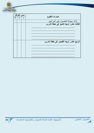التوجيهات الفنية لنشاط الكمبيوتر وتكنولوجيا المعلومات 21 
الكمبيوتر التعليمي 
عبارات التقويم 
مدى التوافر 
3 2 1 
)4( سهولة الحرول ىلؤ المااجع. 
الثالث عشر: أوجه التميز في خطة الدرس 
.............................................................. 
.............................................................. 
.............................................................. 
.............................................................. 
.............................................................. 
الرابع عشر: أوجه القصور في خطة الدرس 
.............................................................. 
.............................................................. 
.............................................................. 
.............................................................. 
.............................................................. 
 