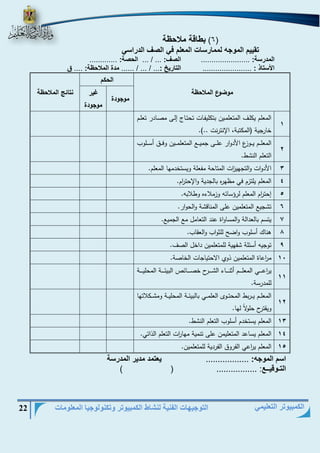 التوجيهات الفنية لنشاط الكمبيوتر وتكنولوجيا المعلومات 22 
الكمبيوتر التعليمي 
6( بطاقة ملاحظة ( 
تقييم الموجه لممارسات المعلم في الصف الدراسي 
المدرسة: ....................... الصف: ... / ... الحصة: ............. 
الأستاذ : ....................... التاريخ :... / ... / ...... مدة الملاحظة: .... ق 
موضوع الملاحظة 
الحكم 
نتائج الملاحظة 
موجودة غير 
موجودة 
1 المعلم يكلف المععلمفيب كعكليتفتح عجعفتى ملفد متفتم ععلفم 
خت جية )المكعكة، الإنع نح ..(. 
2 المعلفففم يفففدوا اعمدا يلفففد جميفففو المععلمفففيب د ففف فففلد 
الععلم النشط. 
3 اعمداح دالعجهي ا وح المعتجة متعلة دي عخممهت المعلم. 
4 المعلم يلعوم ي مظه ه كتلجمية دالإجع ا م. 
5 مجع ا م المعلم ل ؤ تئه دوملاءه دطلاكه. 
6 عشجيو المععلميب يلد المنتقشة دالجدا . 
7 يع م كتلعمالة دالم تداة ينم الععتمل مو الجميو. 
8 هنتك لد داضح للثدا دالعقت . 
9 عدجيه ئلة شتهية للمععلميب ماخل الت . 
11 م ا يتة المععلميب ذدي الاجعيتجتح الختتة. 
11 ي ا يففففففي المعلففففففم ثنففففففتء الشفففففف ختففففففتئ الكيئففففففة المجليففففففة 
للمم ة. 
12 المعلفففم يففف كط المجعفففدب العلمفففي كتلكيئفففة المجليفففة دمشفففكلاعهت 
ديقع جلدلاً لهت. 
13 المعلم ي عخمم لد الععلم النشط. 
14 المعلم ي تيم المععليمب يلد عنمية مهت ا ح الععلم الذاعي. 
15 المعلم ي ا يي الت د الت مية للمععلميب. 
اسم الموجه: .................. يعتمد مدير المدرسة 
التـوقيــع: ................. ) ( 
 