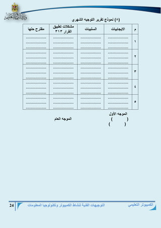 التوجيهات الفنية لنشاط الكمبيوتر وتكنولوجيا المعلومات 24 
الكمبيوتر التعليمي 
8( نموذج تقرير التوجيه الشهري ( 
م الايجابيات السلبيات 
مشكلات تطبيق 
القرار 313 
مقترح حلها 
1 
................. 
................. 
................. 
................. 
................. 
................. 
................. 
................. 
................. 
................. 
................. 
................. 
2 
................. 
................. 
................. 
................. 
................. 
................. 
................. 
................. 
................. 
................. 
................. 
................. 
3 
................. 
................. 
................. 
................. 
................. 
................. 
................. 
................. 
................. 
................. 
................. 
................. 
4 
................. 
................. 
................. 
................. 
................. 
................. 
................. 
................. 
................. 
................. 
................. 
................. 
5 
................. 
................. 
................. 
................. 
................. 
................. 
................. 
................. 
................. 
................. 
................. 
................. 
الموجه الأول 
) ( الموجه العام 
) ( 
 