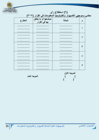 التوجيهات الفنية لنشاط الكمبيوتر وتكنولوجيا المعلومات 25 
الكمبيوتر التعليمي 
9( استطلاع رأي ( 
) معلمي وموجهي الكمبيوتر وتكنولوجيا المعلومات في القرار ) 313 
م الحالة 
موضعها أو ما يتعلق 
بها في القرار 
المقترح 
1 
................. 
................. 
................. 
................. 
................. 
................. 
................. 
................. 
................. 
2 
................. 
................. 
................. 
................. 
................. 
................. 
................. 
................. 
................. 
3 
................. 
................. 
................. 
................. 
................. 
................. 
................. 
................. 
................. 
4 
................. 
................. 
................. 
................. 
................. 
................. 
................. 
................. 
................. 
5 
................. 
................. 
................. 
................. 
................. 
................. 
................. 
................. 
................. 
الموجه الأول 
) ( الموجه العام 
) ( 
