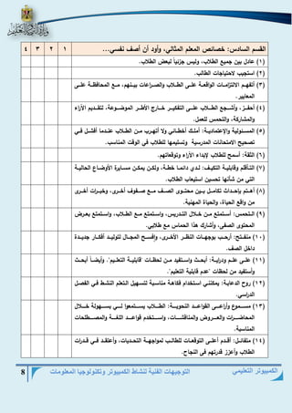 التوجيهات الفنية لنشاط الكمبيوتر وتكنولوجيا المعلومات 8 
الكمبيوتر التعليمي 
القسم السادس: خصائص المعلم المثالي، وأود أن أصا نفسي... 1 2 3 4 
1( عادل بين جمي الطلاب، وليس جزئياً لبعض الطلاب. ( 
2( استجيب لاحتياجات الطالب. ( 
3( أتفهيييم الالت ا زميييات الواقعييية عليييى الطيييلاب والصييي ا رعات بيييينهم، مييي المحافظييية عليييى ( 
المعايير. 
4( أحفييييز، وأشييييج الطييييلاب علييييى التفكييييير خييييار الأطيييير الموضييييوعة، لتقييييديم ا ا رء ( 
والمشاركة، والتحمس للعمل. 
5( المسييئولية والإعتماديييية: أمليييك أخطيييائي ولا أتهيييرب مييين الطيييلاب عنيييدما أفشيييل فيييي ( 
تصحير الامتحانات المدرسية وتسليمها للطلاب في الوقت المناسب. 
6( الثقة: أسمر للطلاب لإبداء ا ا رء وتوقعاتهم. ( 
7( التييأقلم وقابلييية التكيييا: لييدي دائمييا خطيية، ولكيين يمكيين مسييايرة الأوضيياع الحالييية ( 
التي من شأنها تحسين استيعاب الطلاب. 
8( أهيييتم بإحيييداث تكاميييل بيييين محتيييوى الصيييا مييي صيييفوا أخيييرى، وخبييي ا رت أخيييرى ( 
من واق الحياة، والحياة المهنية. 
9( الييتحمس: أسييتمت ميين خييلال التيييدريس، واسييتمت ميي الطييلاب، واسييتمت بعيييرض ( 
المحتوى الصفى، وأشارك هذا الحماس م طلابي. 
11 ( منفيييتر: أرحيييب بوجهيييات النظييير الأخيييرى، وافسييير المجيييال لتولييييد أفكيييار جدييييدة ( 
داخل الصا. 
11 ( عليييى عليييم ود ا ريييية: أبحيييث واسيييتفيد مييين لحظيييات ضقابليييية التعلييييمض. وأيضييياً أبحيييث ( 
وأستفيد من لحظات ضعدم قابلية التعليمض. 
12 ( رو الدعابية: يمكننييي اسيتخدام فكاهيية مناسييبة لتسيهيل الييتعلم النشيط فييي الفصييل ( 
الد ا رسي. 
13 ( مسيييييموع وأ ا رعيييييى القواعيييييد النحويييييية: الطيييييلاب يسيييييتمعوا ليييييي بسيييييهولة خيييييلال ( 
المحاضيييييي ا رت والعييييييروض والمناقشييييييات، واسييييييتخدم قواعييييييد اللغيييييية والمصييييييطلحات 
المناسبة. 
14 ( متفائيييل: أقيييدم أعليييى التوقعيييات للطاليييب لمواجهييية التحيييديات، وأعتقيييد فيييي قيييد ا رت ( 
الطلاب وأعزز قدرتهم فى النجا . 
 